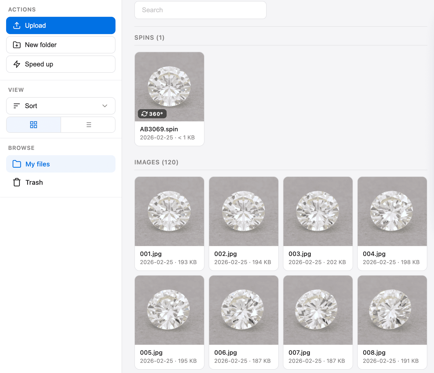 Branded Media Library content view: 1 .spin file and 120 diamond images organized in a single product folder, with sidebar actions, search, and grid/list view toggles